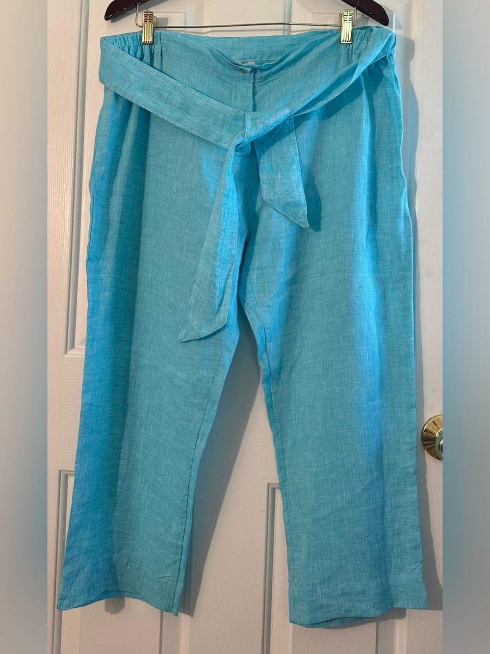 PURO LINO XL Resort Coastal Beachy Turquoise 100% Linen Pants Self Belt Cropped